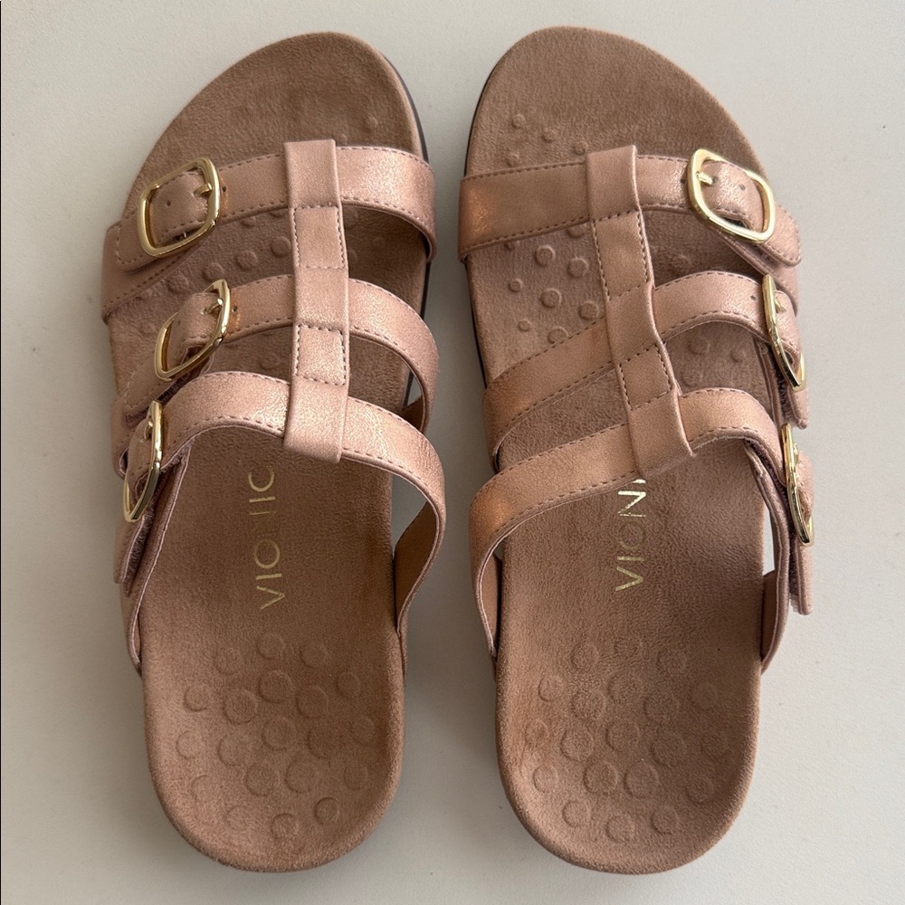 Vionic Metallic Rose Gold Slide Sandals
